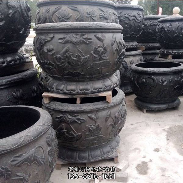 庭院中式青石仿古浮雕荷花魚缸擺件（4）
