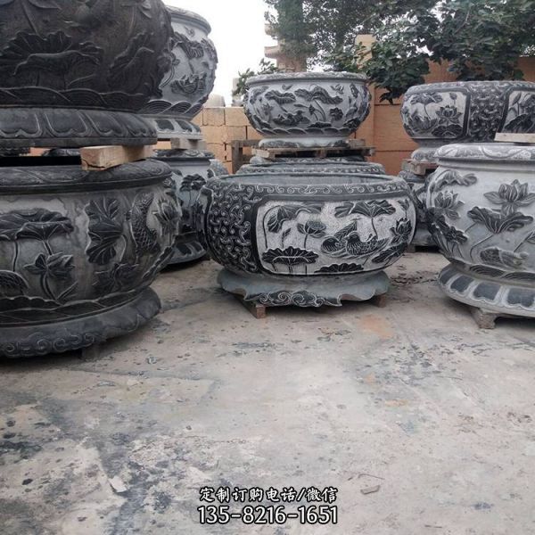 庭院中式青石仿古浮雕荷花魚缸擺件（3）