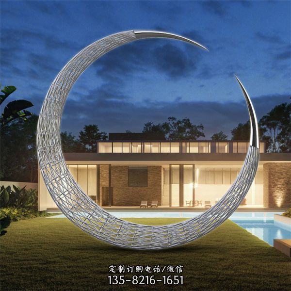 不銹鋼月亮鏤空發光大型月牙雕塑（7）