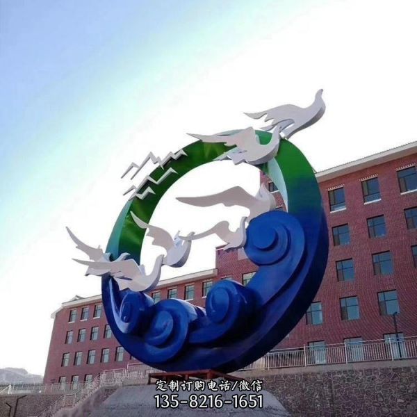 不銹鋼噴漆圓環飛翔的白鴿校園廣場擺件雕塑