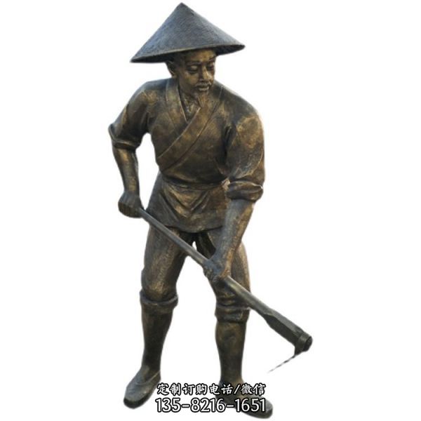 景區擺放農耕文化主題玻璃鋼仿銅鋤草農民人物雕塑