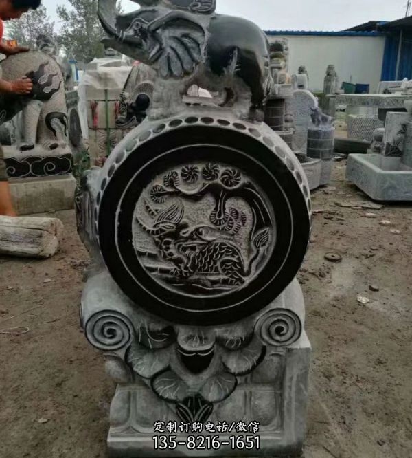 青石仿古建浮雕大象石門鼓 園林景觀雕塑（1）