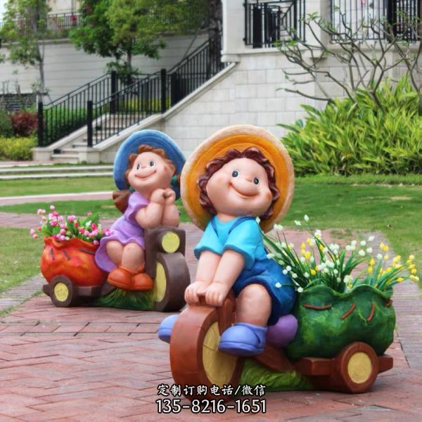 玻璃鋼彩繪卡通兒童騎車花盆園林景觀擺件