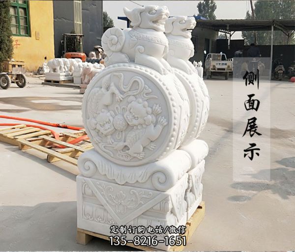漢白玉天然石材雕刻麒麟抱鼓石別墅招財門墩