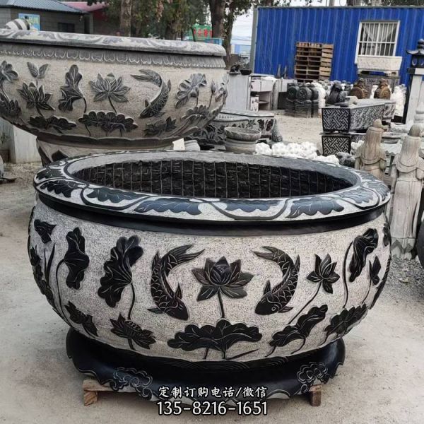 天然青石仿古石雕魚缸花盆 庭院荷花缸戶外花園養魚池水缸雕塑