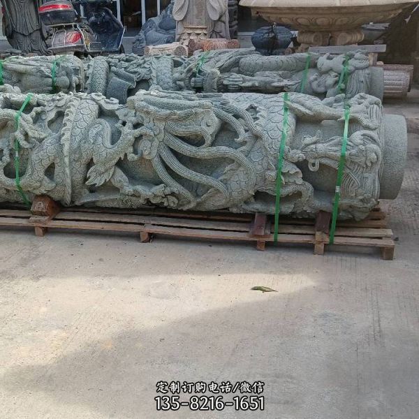 石雕雙龍柱 寺廟大殿青石鏤空浮雕龍柱雕塑（4）