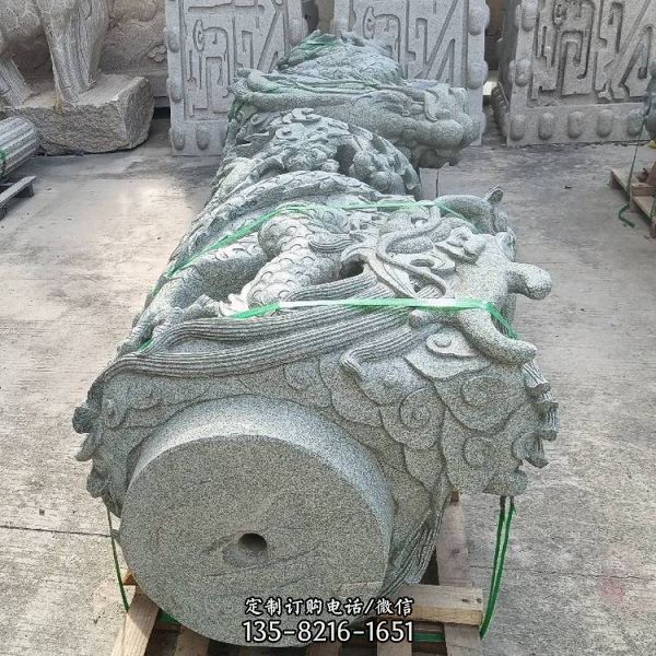 石雕雙龍柱 寺廟大殿青石鏤空浮雕龍柱雕塑（2）