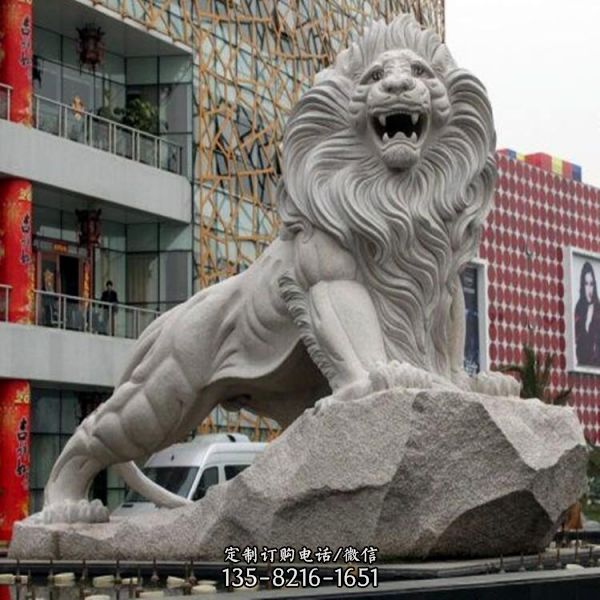 企業公司門前擺放漢白玉石雕獅子瑞獸（4）