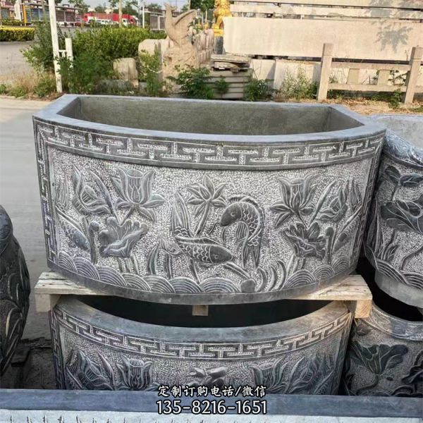庭院戶(hù)外圓形石雕魚(yú)缸花盆雕塑（1）