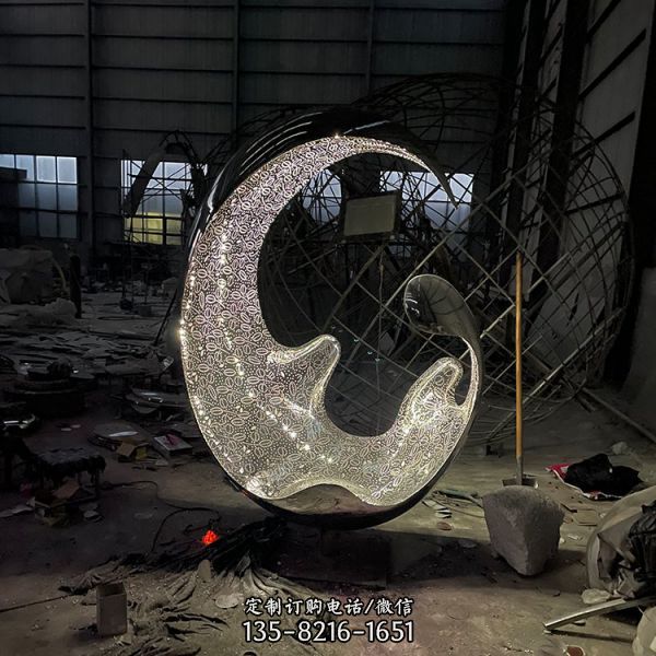 不銹鋼月亮雕塑 金屬鏤空發光圓形鏡像景觀擺件（2）