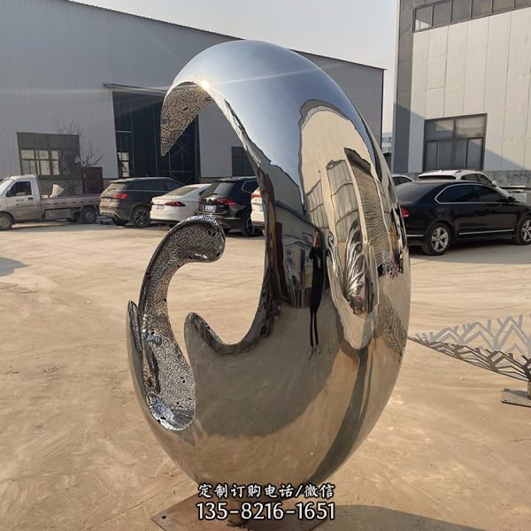 不銹鋼月亮雕塑 金屬鏤空發光圓形鏡像景觀擺件（4）