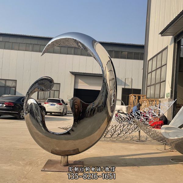 不銹鋼月亮雕塑 金屬鏤空發光圓形鏡像景觀擺件（6）