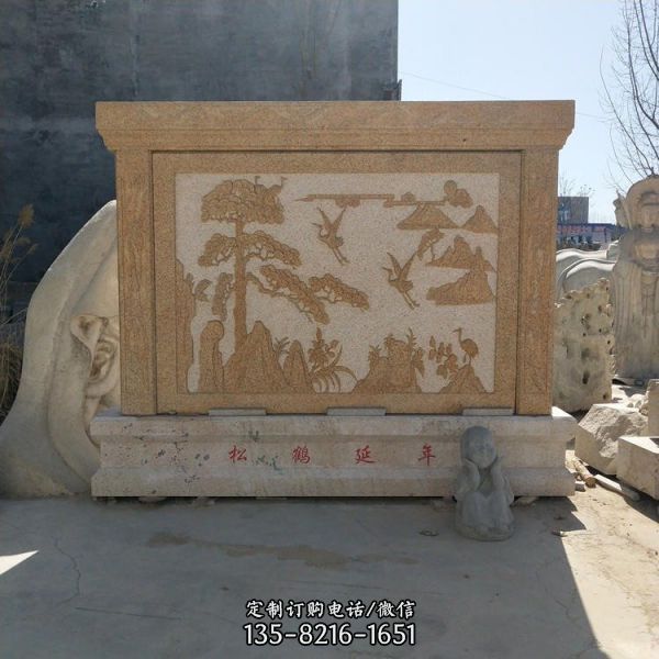 花崗巖浮雕松鶴延年山水畫中式庭院裝飾影壁墻雕塑（1）