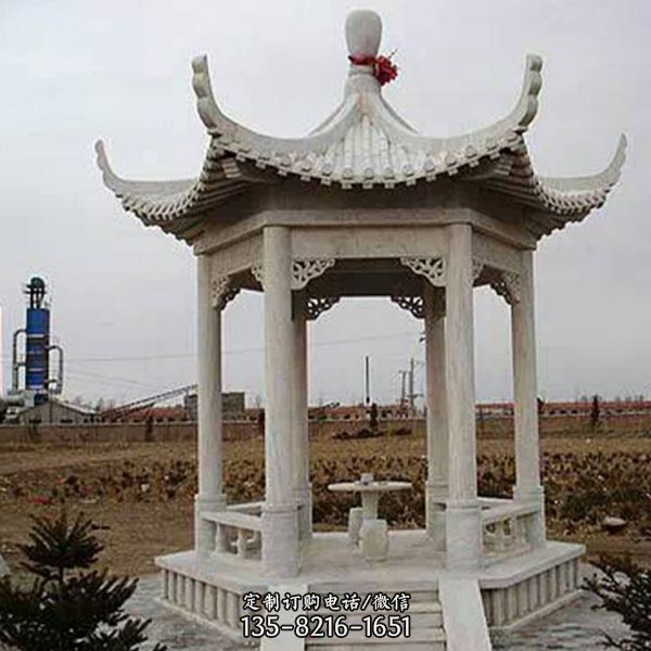 雙層晚霞紅涼亭長廊 景區(qū)石雕雕塑（1）