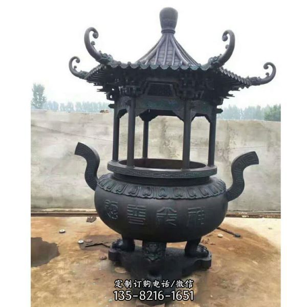 寺院戶外擺放仿古圓形黃銅香爐雕塑（1）