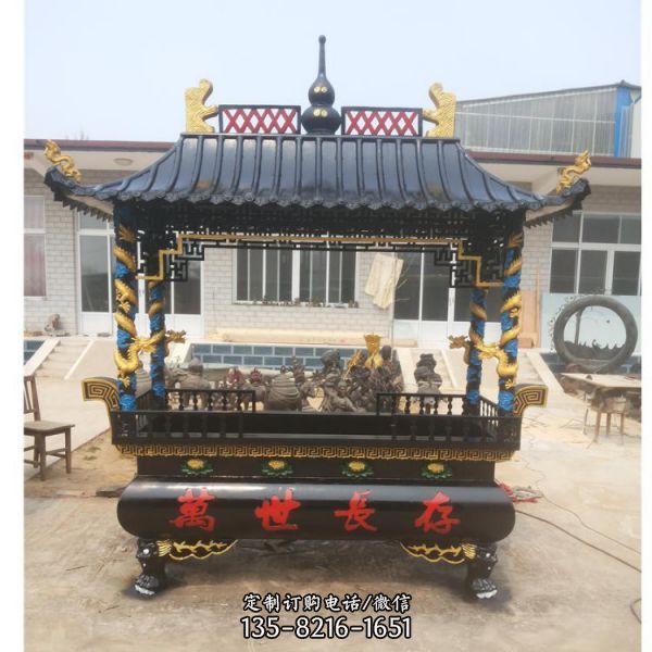寺院戶外擺放仿古圓形黃銅香爐雕塑（2）