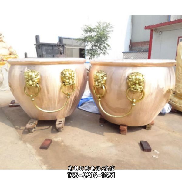 寺院戶外擺放黃銅鑄造招財聚寶盆 大型圓水缸
