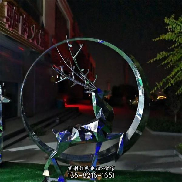 酒店會所不銹鋼拋光幾何圓環梅花鹿景觀雕塑