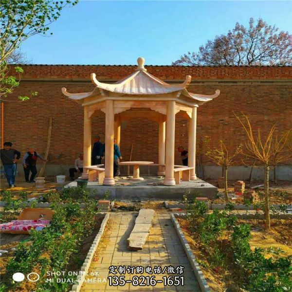 晚霞紅大理石石雕公園中式涼亭雕塑