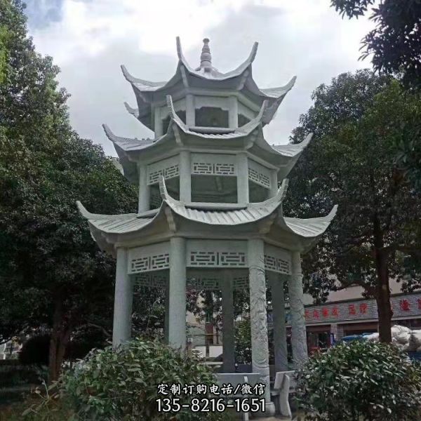 景區公園晚霞紅六角中式石涼亭（4）