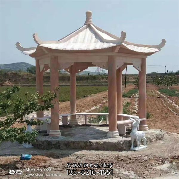 晚霞紅大理石雕刻園林村莊擺放六角涼亭