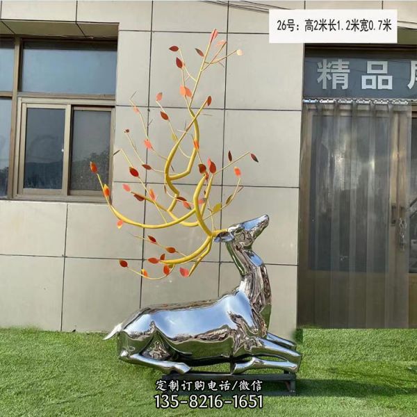 不銹鋼鏡面樹葉鹿雕塑 戶外園林景觀小品（2）