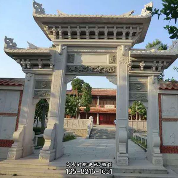 農村寺廟入口擺放花崗巖石牌坊 園林建筑（5）