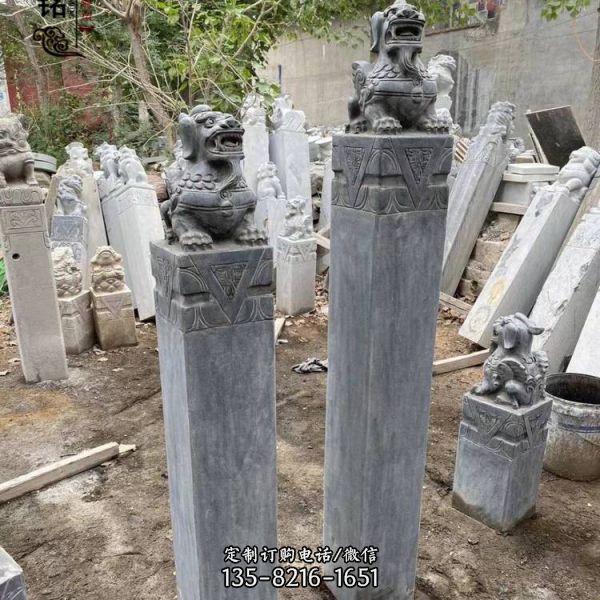 青石石雕栓馬柱仿古做舊四大神獸拴馬柱雕塑（2）