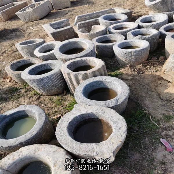 石雕招財流水古典擺件做舊馬槽多用庭院魚花盆雕塑（2）