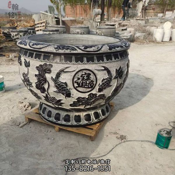 庭院室外擺放漢白玉花盆仿古做舊魚缸鎮宅納福盆景（4）