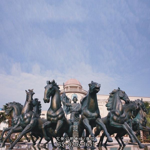 廣場大型玻璃鋼仿銅阿波羅展翅景觀雕塑，戶外園林馬群雕塑