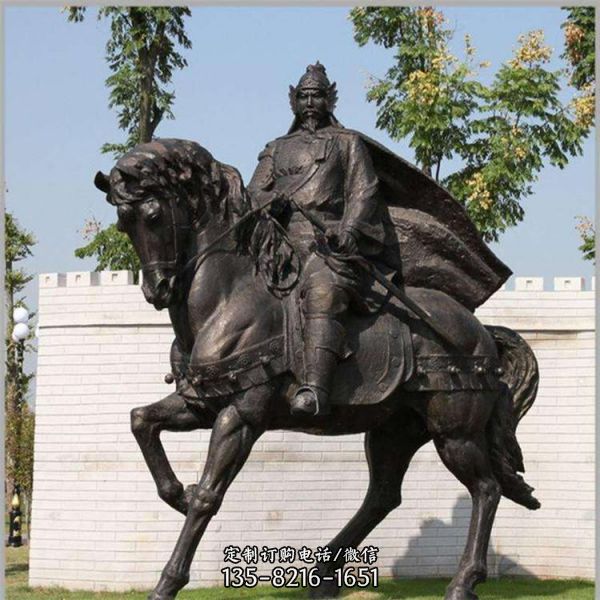 景區廣場擺放鑄銅古代將軍騎馬人物雕塑