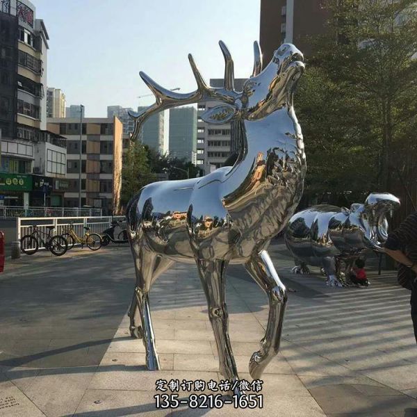 廣場小區(qū)綠地不銹鋼仰頭鏡面鹿動物雕塑（4）