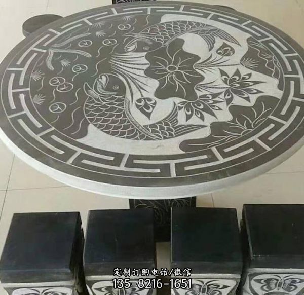公園庭院下棋青石浮雕圓石桌石凳（2）