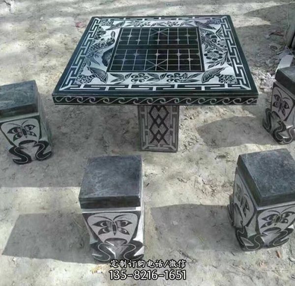公園庭院下棋青石浮雕圓石桌石凳（4）