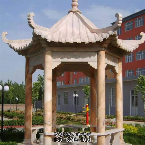 晚霞紅大理石戶外小區乘涼中式六角涼亭