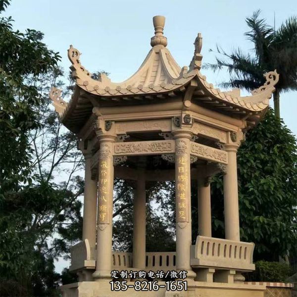 公園戶外擺放大理石雕刻中式六角涼亭雕塑
