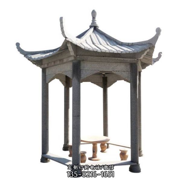 庭院中式仿古建筑六角涼亭休息乘涼下棋園林石頭涼亭