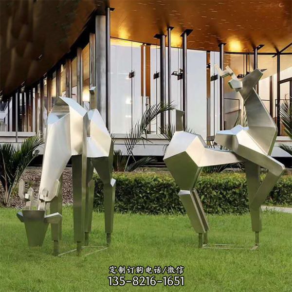 不銹鋼幾何鹿戶外抽象動物雕塑（3）