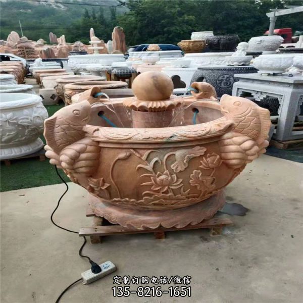 天然石材晚霞紅浮雕荷花鯉魚噴水風(fēng)水珠水缸