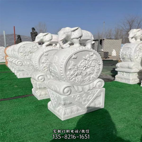 天然漢白玉小象抱鼓石中式別墅門口擺放石門墩