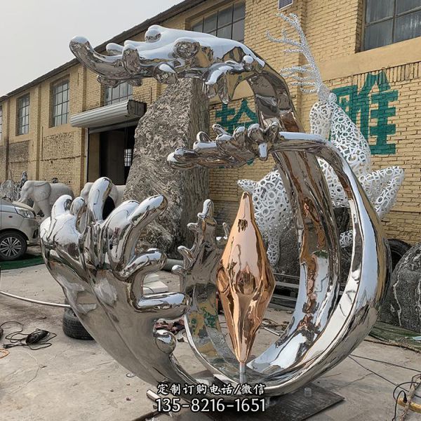 不銹鋼浪花雕塑 酒店會所水滴抽象擺件 大堂別墅庭院水花浪花雕塑（3）