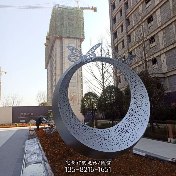 商場酒店門外大型不銹鋼圓環燈光雕塑戶外水景工藝品擺件（1）