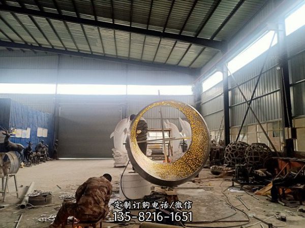 商場酒店門外大型不銹鋼圓環燈光雕塑戶外水景工藝品擺件（3）