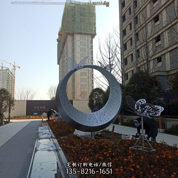 商場酒店門外大型不銹鋼圓環燈光雕塑戶外水景工藝品擺件（2）