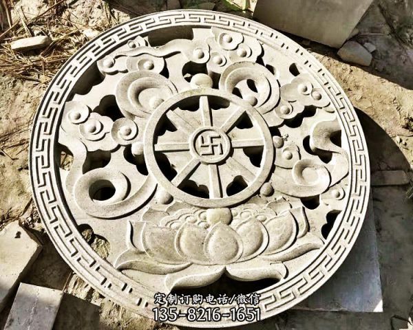 寺院裝飾青石浮雕蓮花鏤空墻面窗花石雕