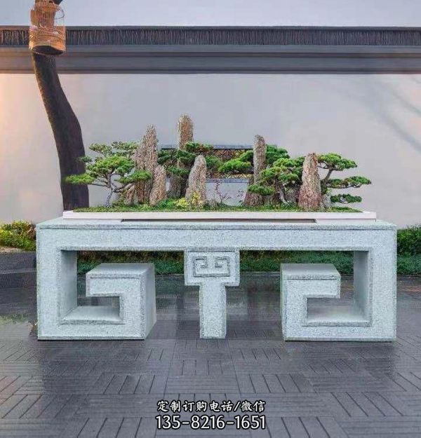 別墅陽臺(tái)擺放花崗巖雕刻中式盆景綠植花架雕塑