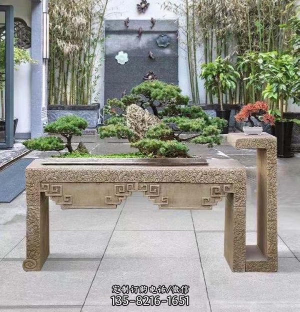 天然大理石浮雕中式花架庭院盆景擺件
