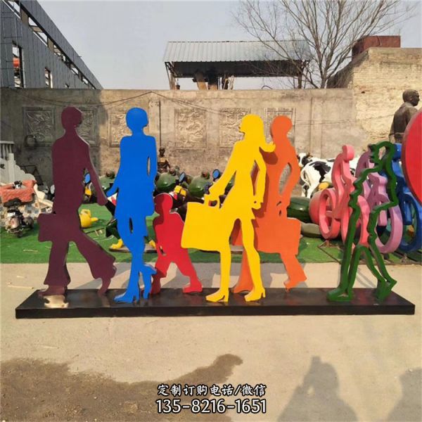 城市客站擺放不銹鋼抽象剪影旅客人物雕塑