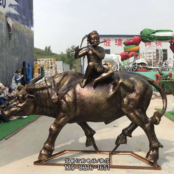 農場草邊 鑄銅玻璃鋼仿銅噴漆水牛牧童雕塑